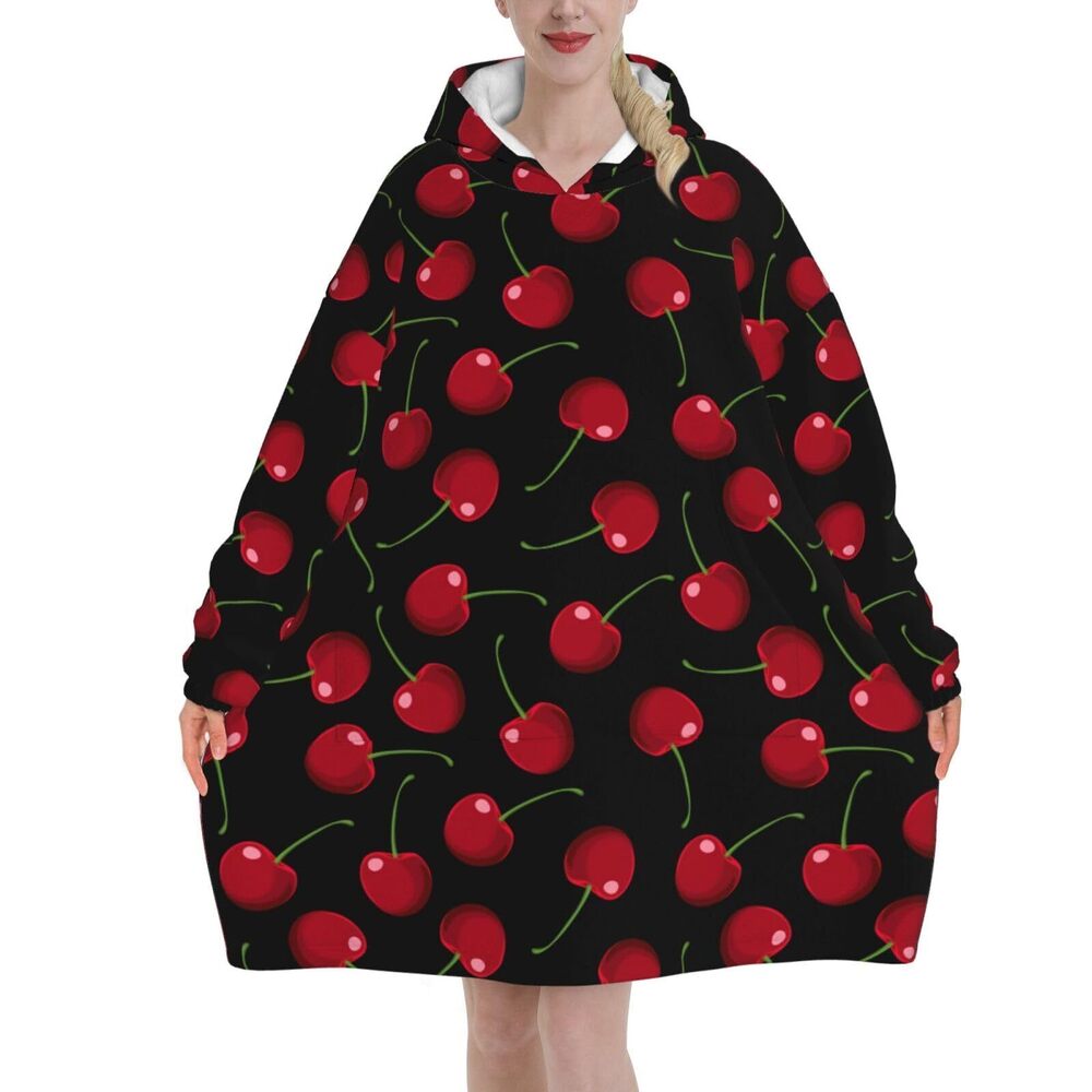 8055 Red Cherries Black Blanket Hoodies And Adult Oversize Wearable Blanket